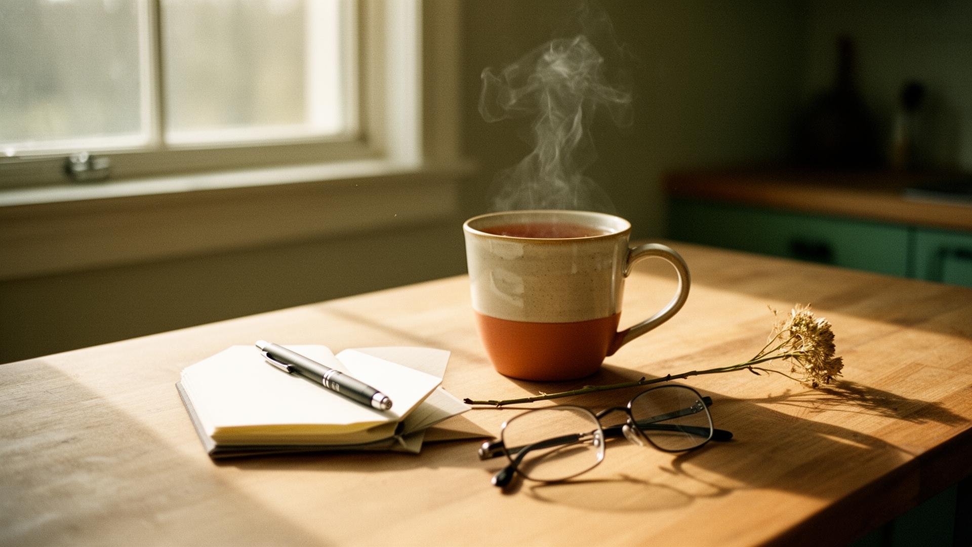 A quiet morning at a kitchen table with a steaming mug, an open notebook, and reading glasses by a sunlit window